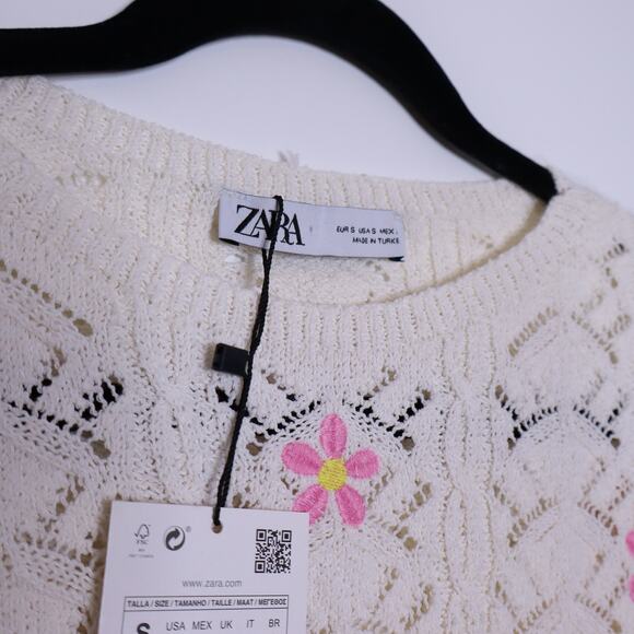 ZARA NEW Floral Crochet Knit Top Ivory Embroidered Short Sleeve Women's S - Picture 6 of 11